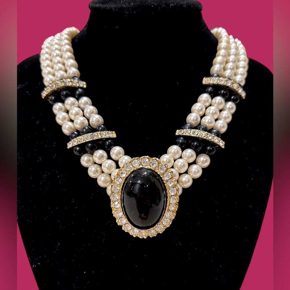 Vtg Multi Strand Faux Pearl & Rhinestone Statement Necklace
